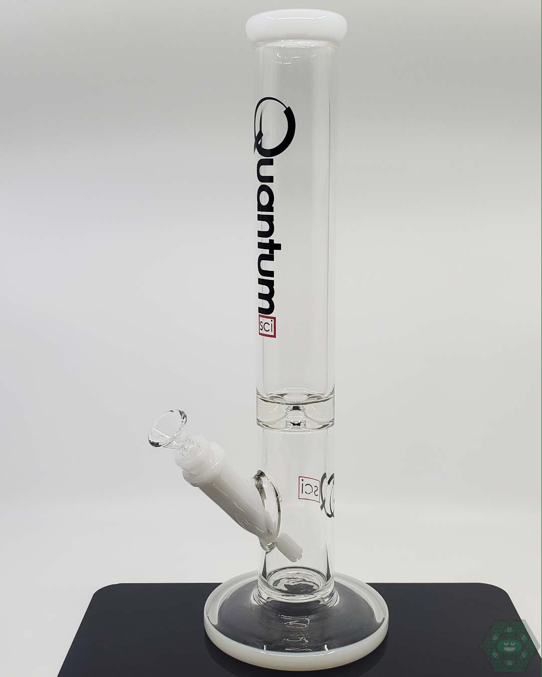 Quantum Sci Glass 16-inch Straight Tube Bong with sturdy 9mm glass, white logo, and smooth filtration for beginners and experts