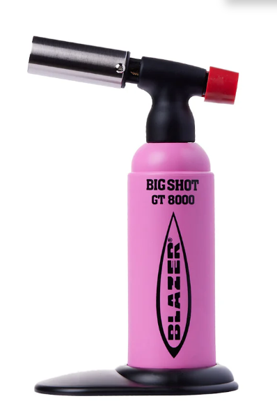 Blazer Big Shot GT 8000 Torch. Anti-flare butane torch with a strong brass flame nozzle, detachable base, instant piezo crystal ignition, and precise flame control