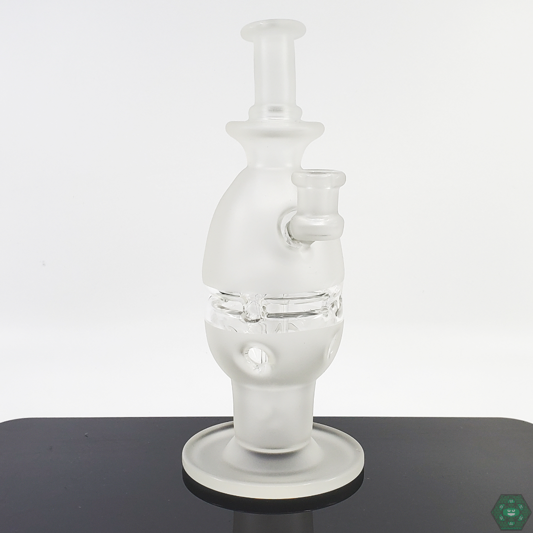 A.H Glass Fab Egg with unique sandblasted design, 3-hole perc, and 10mm female joint.