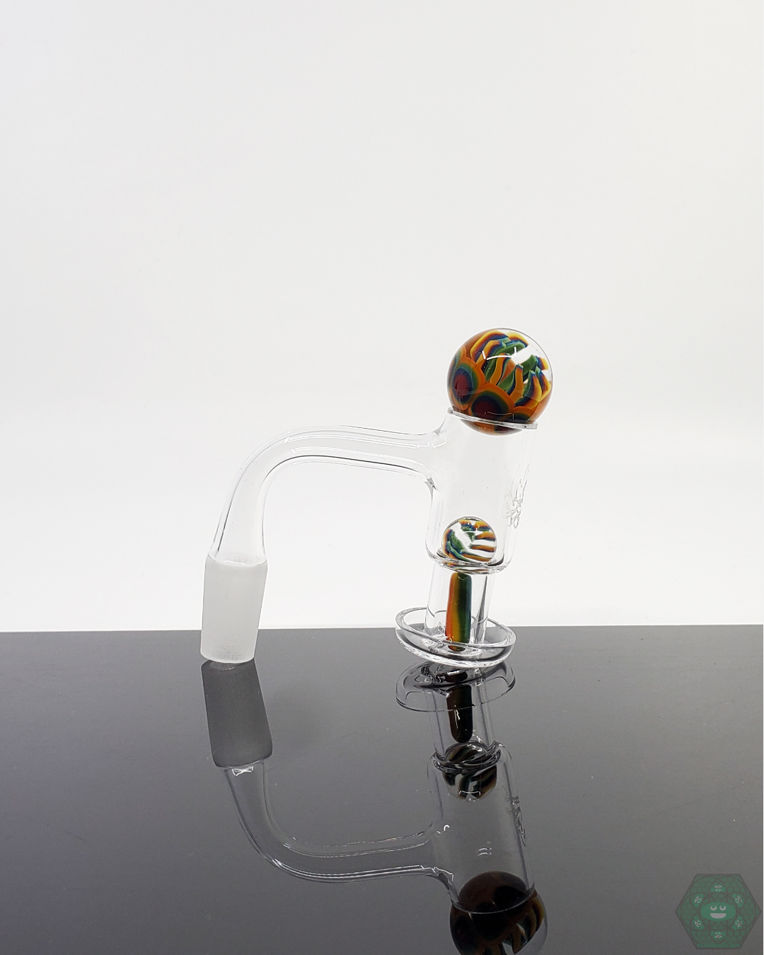 Intricately crafted Crowman Crothers Dotstack Slurper Set with artistic terp pearls, marble, and a terp valve for optimal quartz nail performance.