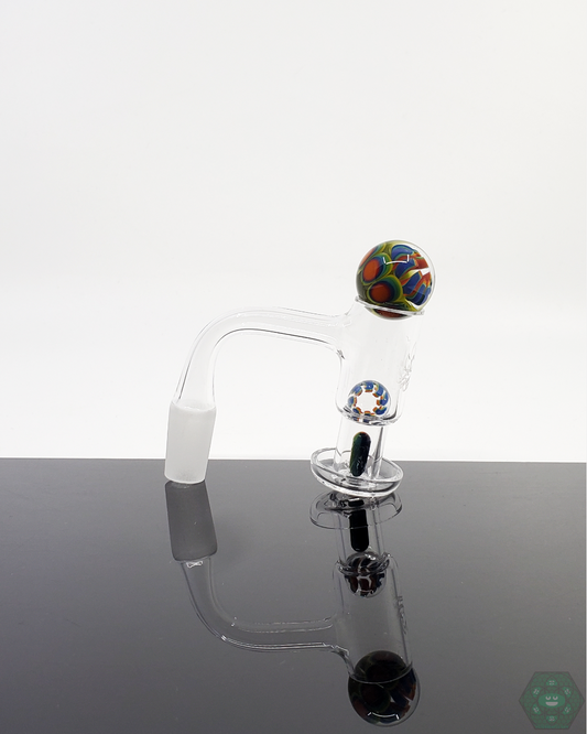 Artisanal Crowman Crothers Dotstack Slurper Set featuring intricate dotstack glass design with terp pearls and marble for smooth dabbing experience.