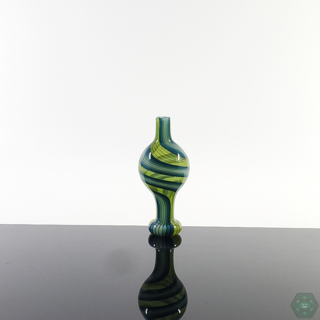 Davey Cakes Glass Linework Bubble Cap featuring intricate linework design for stylish airflow control, handcrafted for durability and precision in dabbing setups.