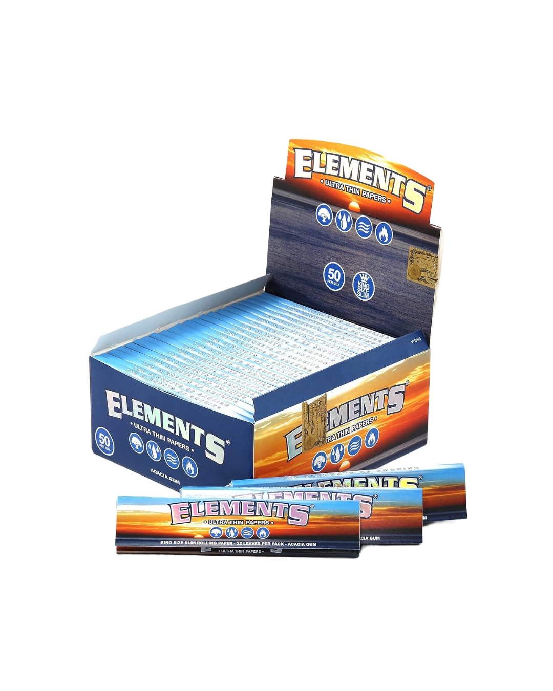 Elements King Size Slim Rice Rolling Papers, ultra-thin and slow-burning with a crisscross watermark for an even burn and minimal ash.