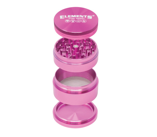 Elements Pink 4-Piece Grinder with sharp diamond-shaped teeth for effortless shredding and a magnetic lid for secure grinding.