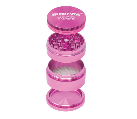 Elements Pink 4-Piece Grinder with sharp diamond-shaped teeth for effortless shredding and a magnetic lid for secure grinding.