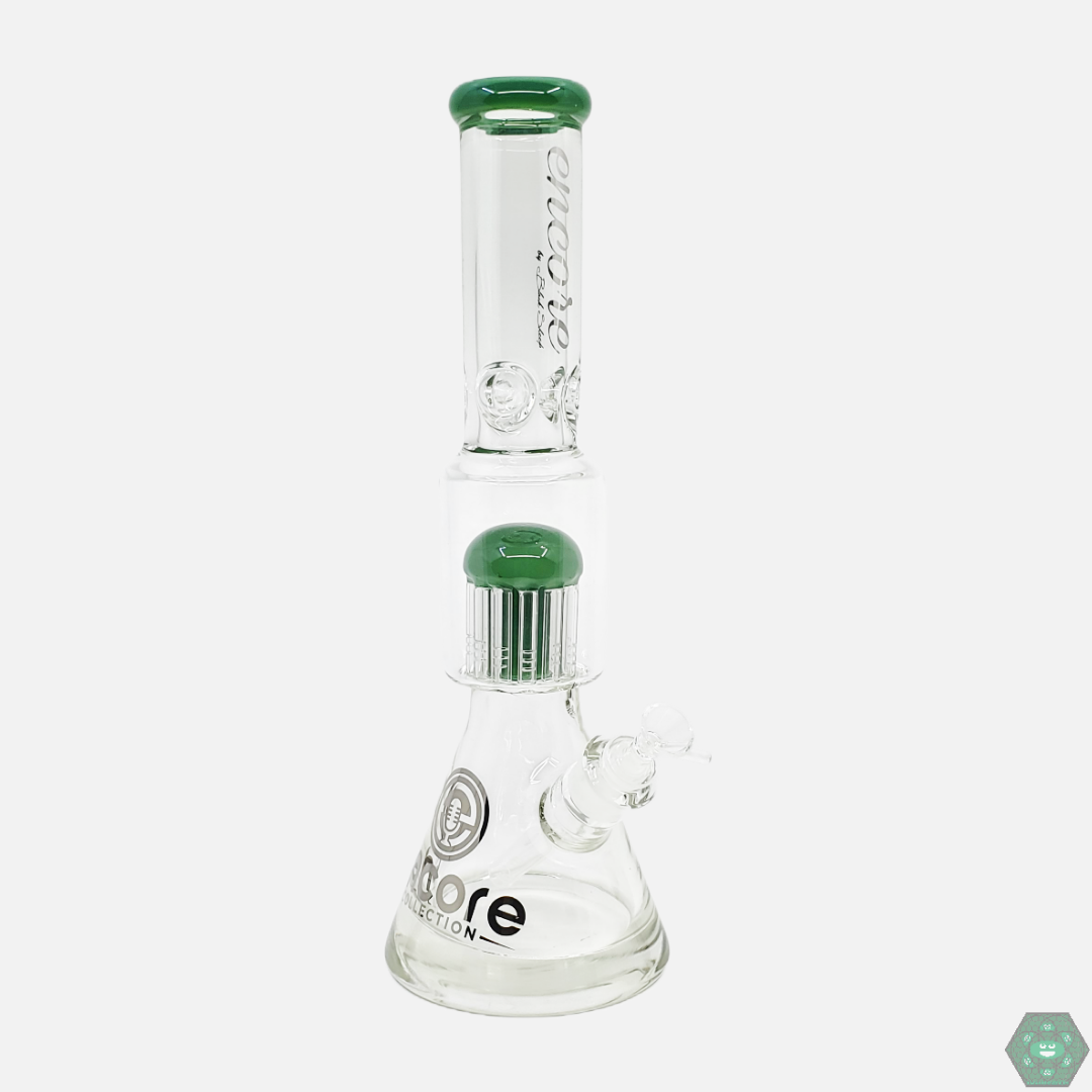 Close-up of the Encore Glass 16” Showerhead Beaker, highlighting the showerhead perc and smooth filtration for a clean, enjoyable smoking experience.