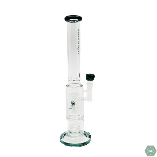 Close-up of the Encore Glass 16” Sunflower Perc Straight Tube, showcasing its durable borosilicate glass and intricate sunflower perc design.