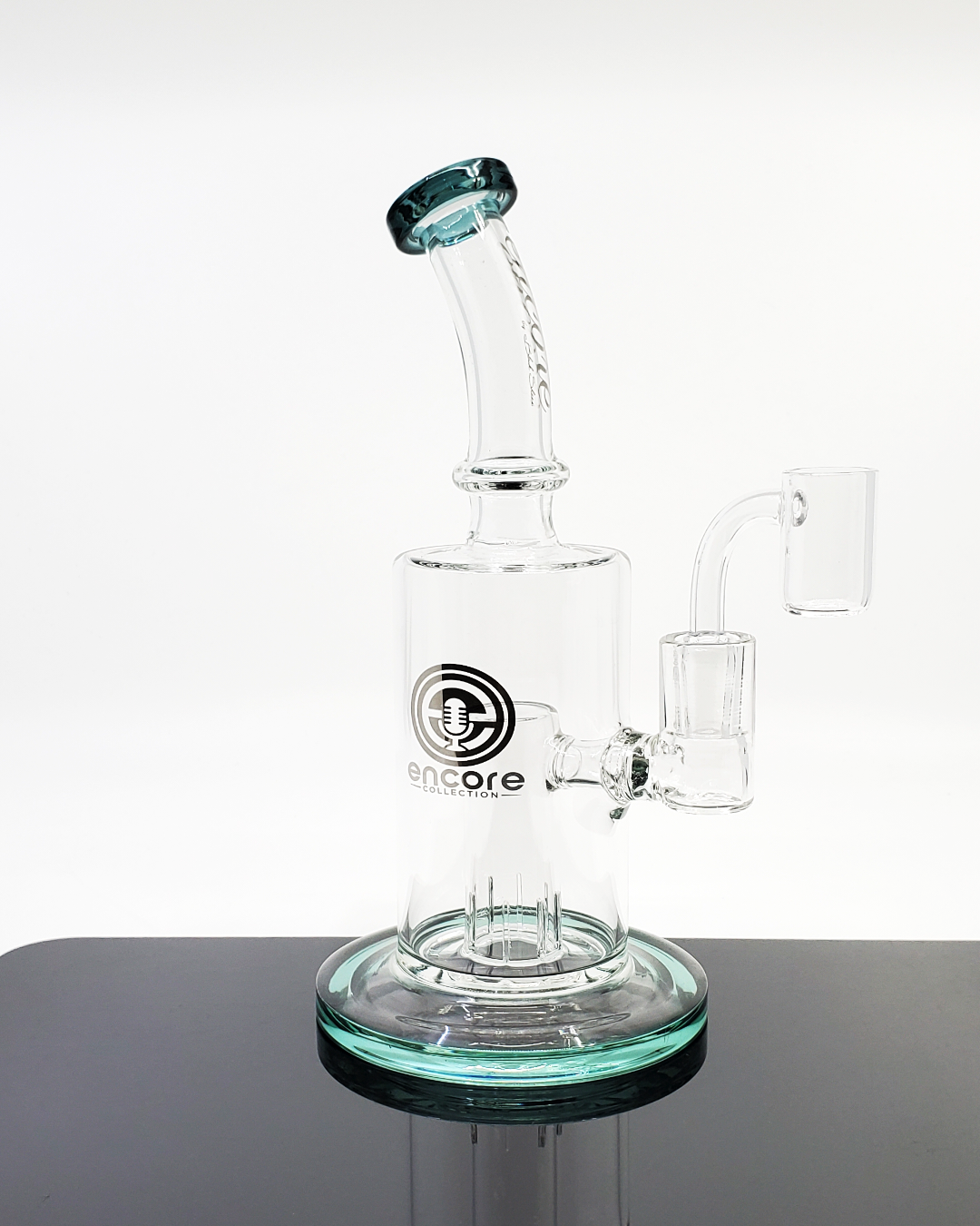 Front view of the Encore Glass 8” Capsule Rig, featuring a 65mm base for stability and smooth filtration for consistent, clean hits.
