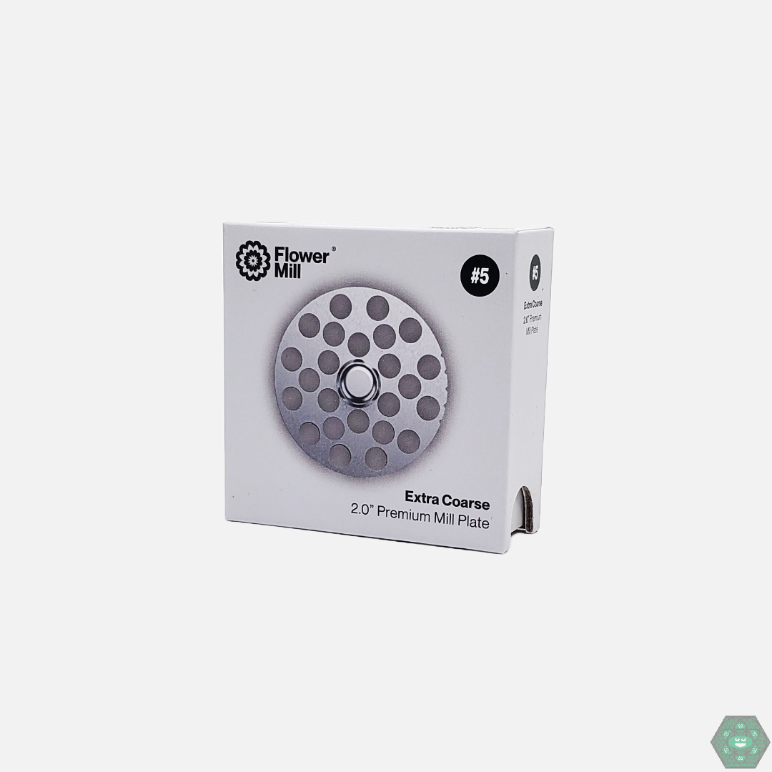 Flower Mill 2.0” Premium Mill Plate showing four grind size options, ranging from extra fine to extra coarse.