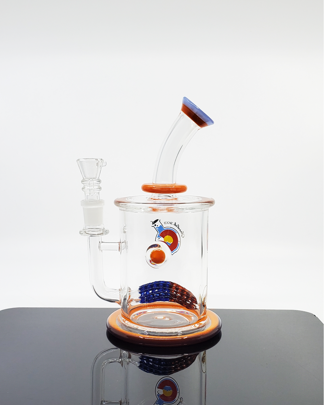 Close-up of the Glass Lab 303 7.5” Double Lace Perc rig, showcasing its intricate dual lace percolators for maximum filtration and smooth airflow.