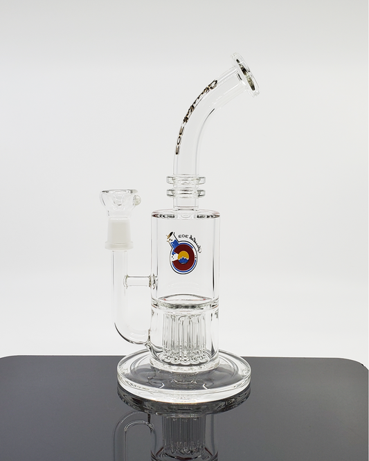 Close-up of the Glass Lab 303 9” Showerhead Perc Straight Tube, highlighting its precision showerhead percolator for enhanced filtration and airflow.