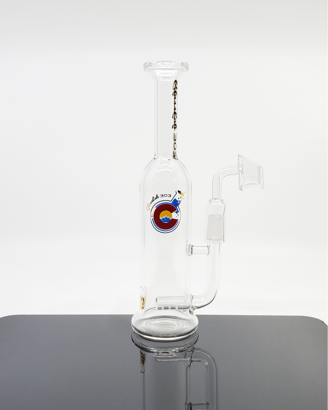 Close-up view of the Glass Lab 303 Inline Perc Straight Bottle with its ergonomic bottle shape and inline perc for enhanced airflow.