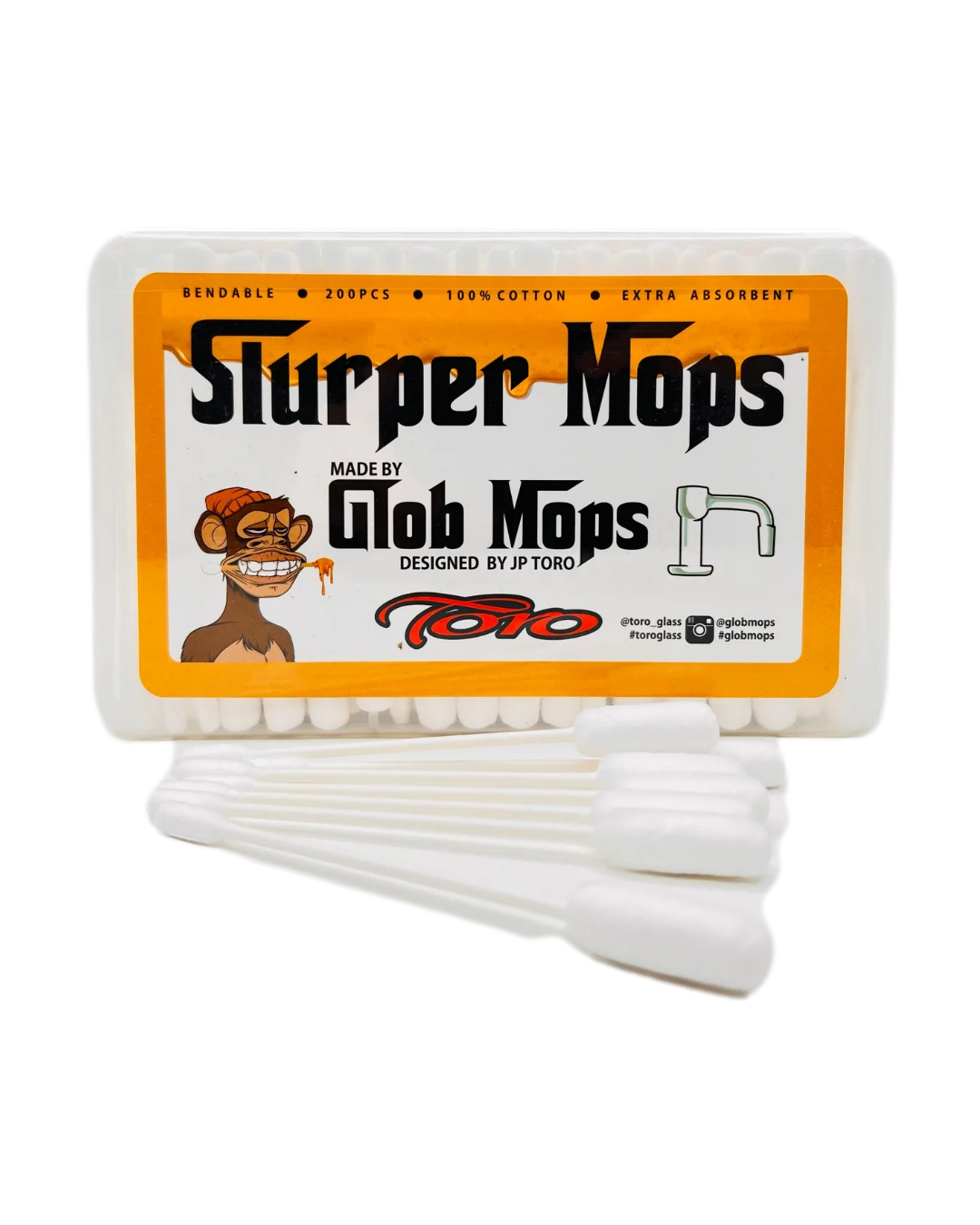 Glob Mops - 200ct Slurper Mops, expertly designed by JP Toro, crafted with premium cotton for maximum absorbency, flexible and bendable for thorough cleaning, extended length for reaching deep into slurpers, convenient pack size of 200 mops for all your glob-cleaning needs.