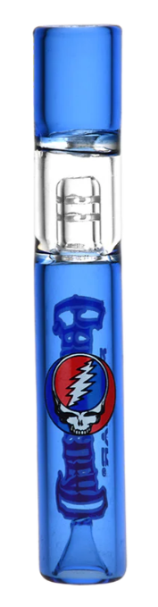 Grateful Dead x Pulsar Ash Catcher Chillum – 3.75-inch straight chillum with built-in ash catcher and diffuser, featuring the classic Stealie skull and Grateful Dead branding for a unique smoking experience.