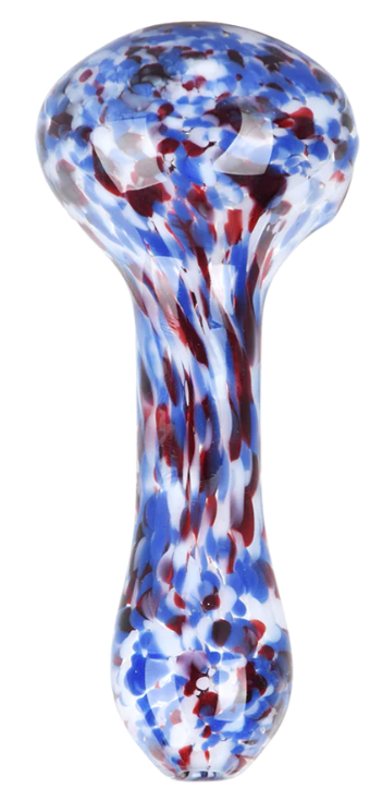 Grateful Dead x Pulsar Frit Spoon Pipe – Acid Rain design with red, white, and blue fritted glass. 4.5-inch spoon-style hand pipe with Grateful Dead logo and built-in carb hole for smooth hits.