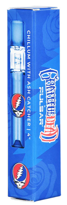Grateful Dead x Pulsar Ash Catcher Chillum – 3.75-inch hand pipe with built-in ash catcher and diffuser for smooth hits. Features Grateful Dead logo and Stealie skull for a stylish, functional design.