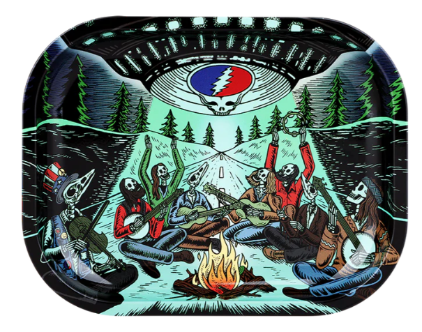 Grateful Dead x Pulsar Mini Metal Rolling Tray & Lid – UFO Jam artwork with vibrant skeleton and UFO design, 7x5 inch tray with raised edges and magnetic lid, perfect for organizing smoking accessories