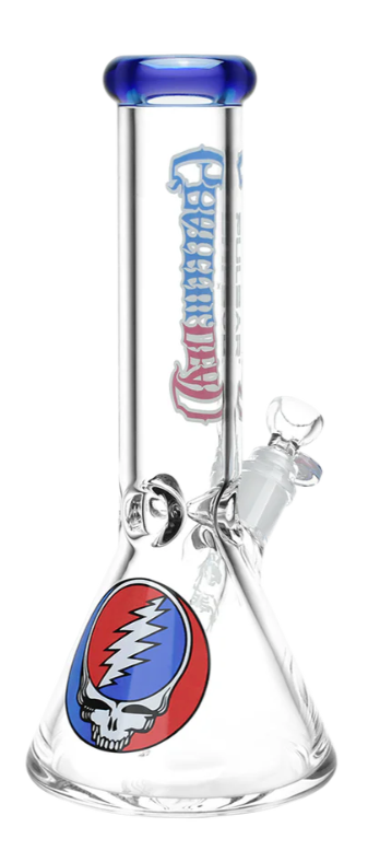 Grateful Dead x Pulsar Steal Your Face Beaker Bong featuring Stealie skull and dancing skeleton etched downstem. 45-degree joint, 14mm male herb slide, and 3 pinch ice catcher for cool, smooth hits.
