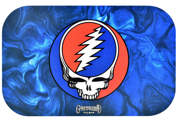 Grateful Dead x Pulsar Metal Rolling Tray & Lid – 11x7 inch rolling tray with iconic 'Steal Your Face' design, featuring a skull and lightning bolt, durable metal build with matching magnetic lid for safekeeping.