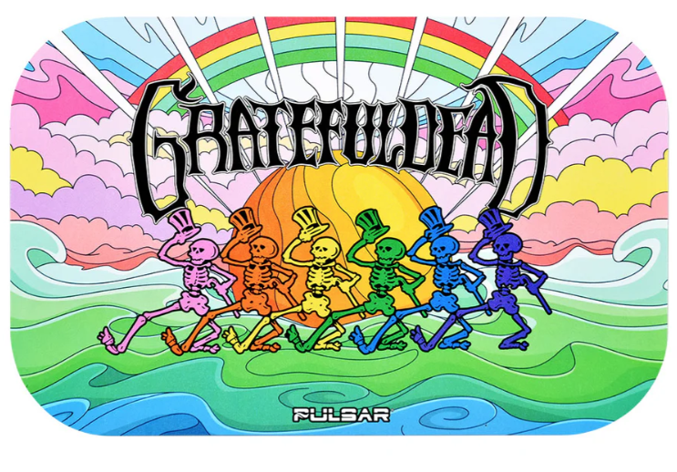 Grateful Dead x Pulsar Metal Rolling Tray & Lid – 11x7 inch rolling tray with 'Under The Rainbow' artwork, colorful skeleton design, and magnetic lid for safekeeping, perfect for organizing smoking accessories.