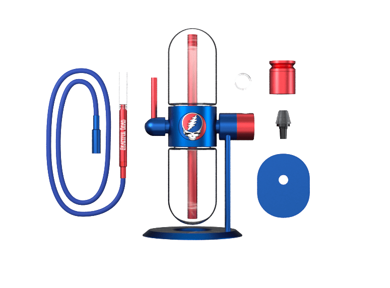 Full setup of the Grateful Dead x Stündenglass Gravity Infuser, highlighting its complete kit with hookah bowl, glass liner, and silicone hose.