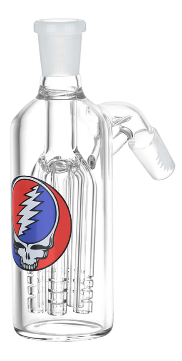 Grateful Dead x Pulsar Steal Your Face Ash Catcher – Featuring a Stealie skull design, this 5-arm tree percolator ash catcher ensures smooth filtration. Compatible with 14mm male and female pipes, available in 45° and 90° angles.