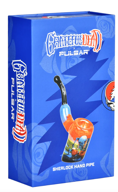 Grateful Dead x Pulsar Boxer Pipe, with a skeleton in boxing garb and dynamic storm clouds, made from borosilicate glass with inside print design.