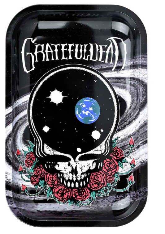 Grateful Dead x Pulsar Metal Rolling Tray & Lid – 'Space Your Face' with orbital view of Earth inside Stealie skull, black and white galaxy background, 11x7 inch tray with smooth rolled edges and matching magnetic lid.