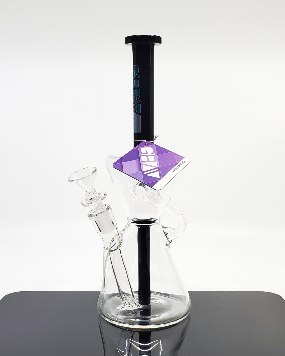 Grav Labs Hourglass Water Pipe – Stylish glass bong featuring black accents and a sculpted hourglass shape for cool, smooth smoking sessions.