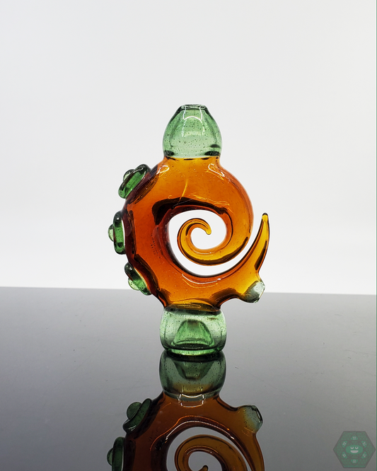 Jon E Walker Spiral Onie 3.5-inch chillum with Amber/Green dichroic glass twist design, handcrafted for glassware enthusiasts