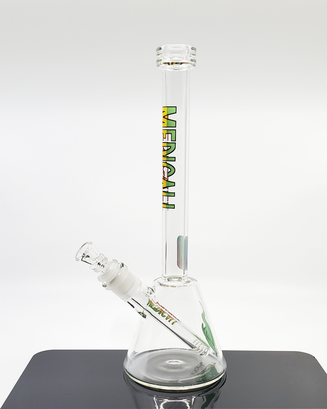Side view of the Medicali Glass Bell Beaker, showcasing its unique bell shape and smooth draw design, offering an aesthetic and functional smoking experience.