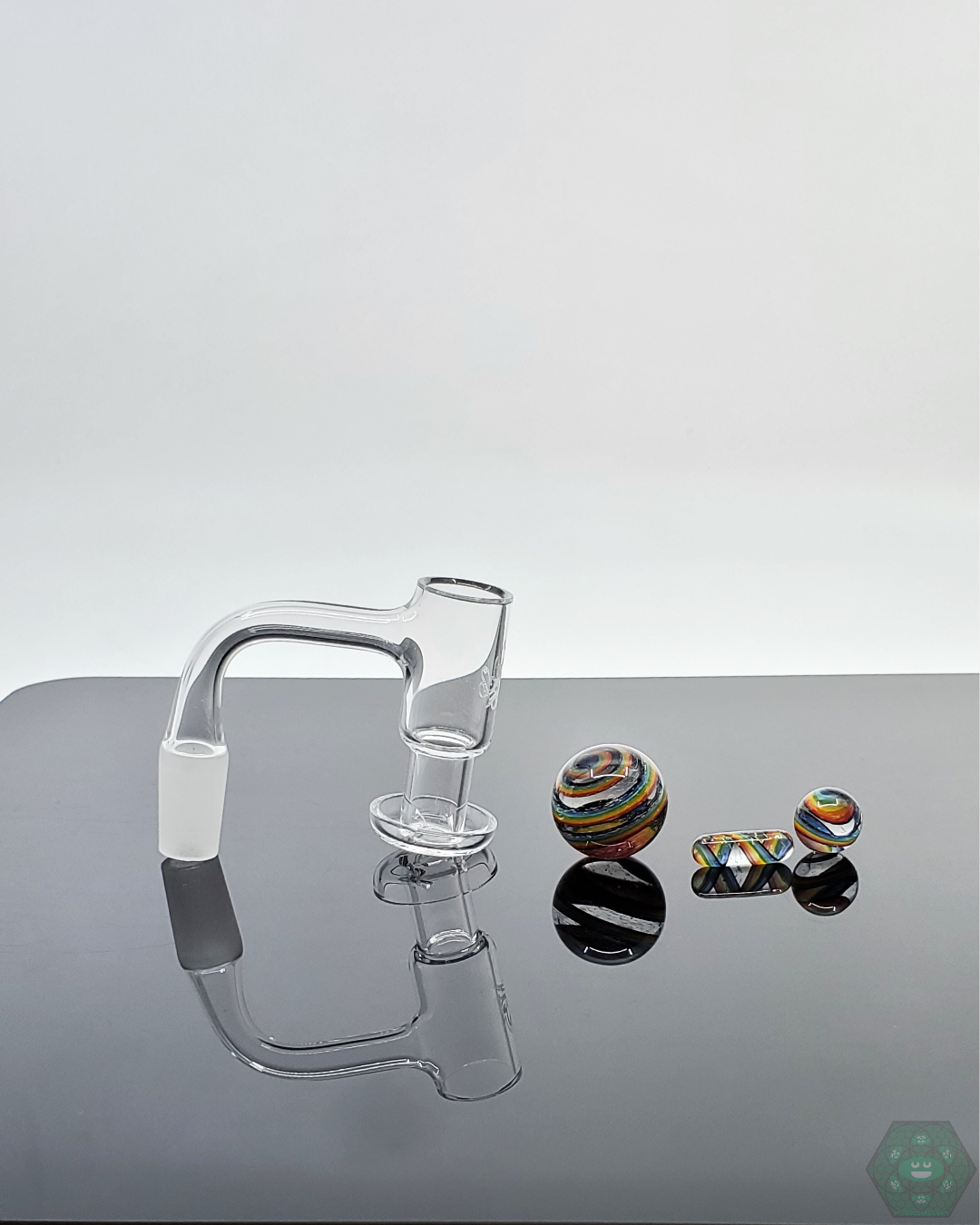 Nephilim Glass Dichro Linework Slurper Set with reflective terp pearls, terp valve, and marble, designed for enhanced airflow and quartz nail performance.
