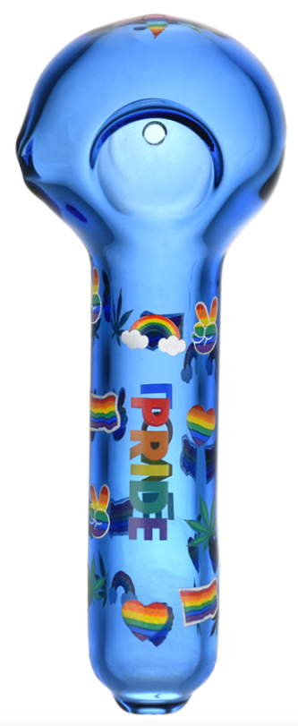 Pride Glow In The Dark Glass Spoon Pipe – 5.25-inch borosilicate pipe with rainbow Pride hearts, hemp leaves, and glow-in-the-dark design for vibrant, colorful hits.