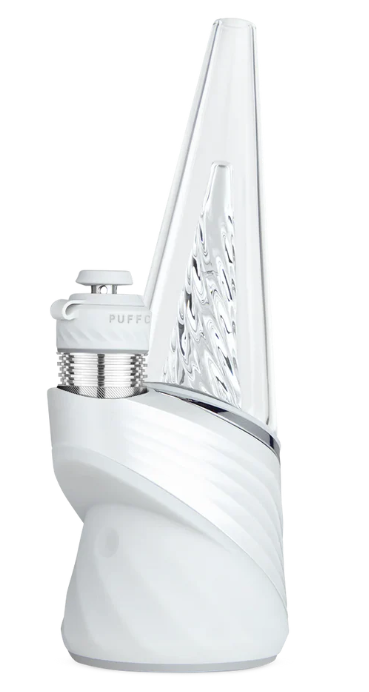 Puffco Peak Pro 3DXL in Pearl during use, highlighting the laser cut perc slots and enhanced water filtration.
