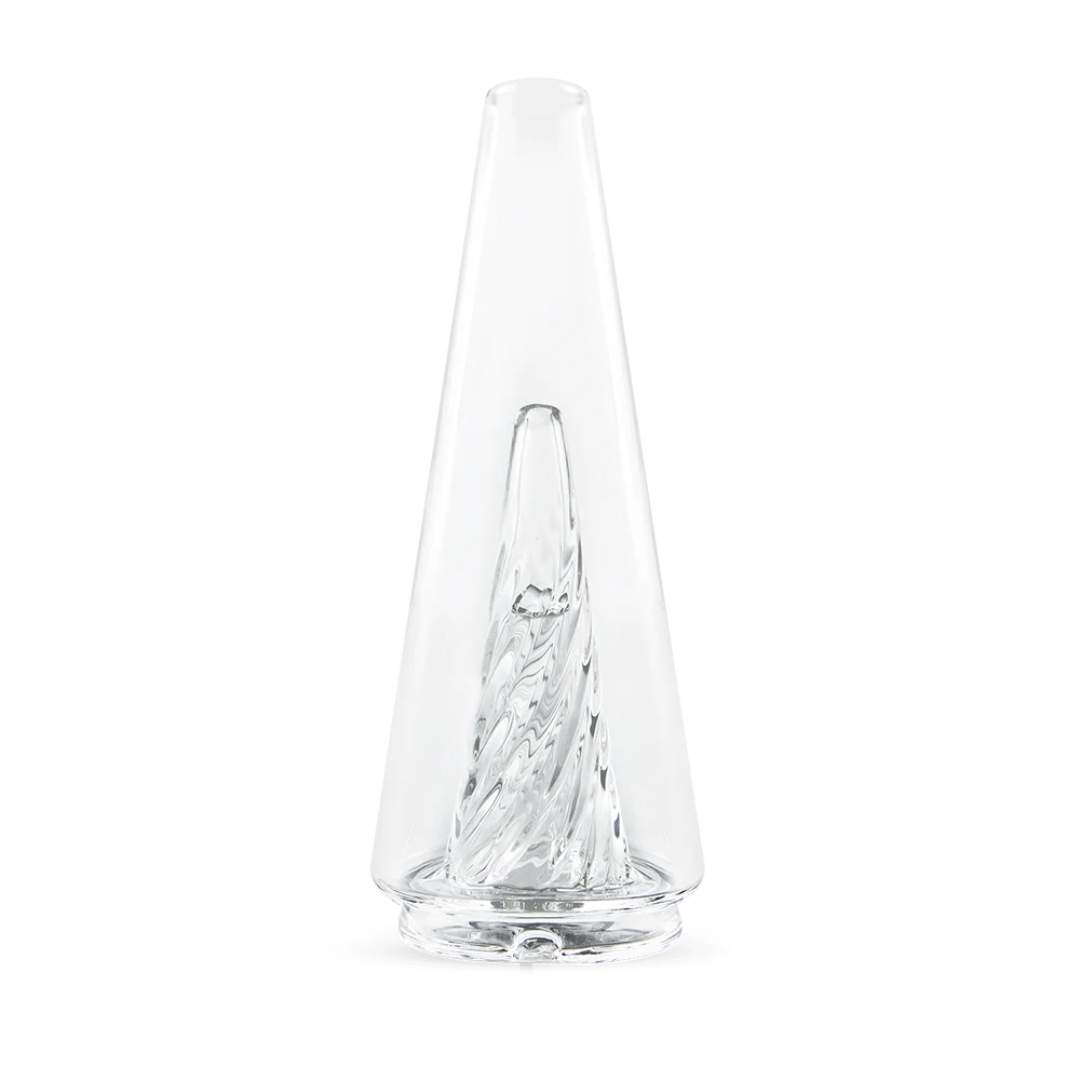 Puffco Peak Pro V2 Replacement Glass featuring dual hand-blown borosilicate chambers, an elegant spiral design, and laser-cut perc slots for improved airflow and filtration.