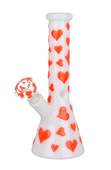 Pulsar Valentine's Day Heart Glow In The Dark Water Pipe, made of borosilicate glass with red heart pattern and slitted downstem diffuser.