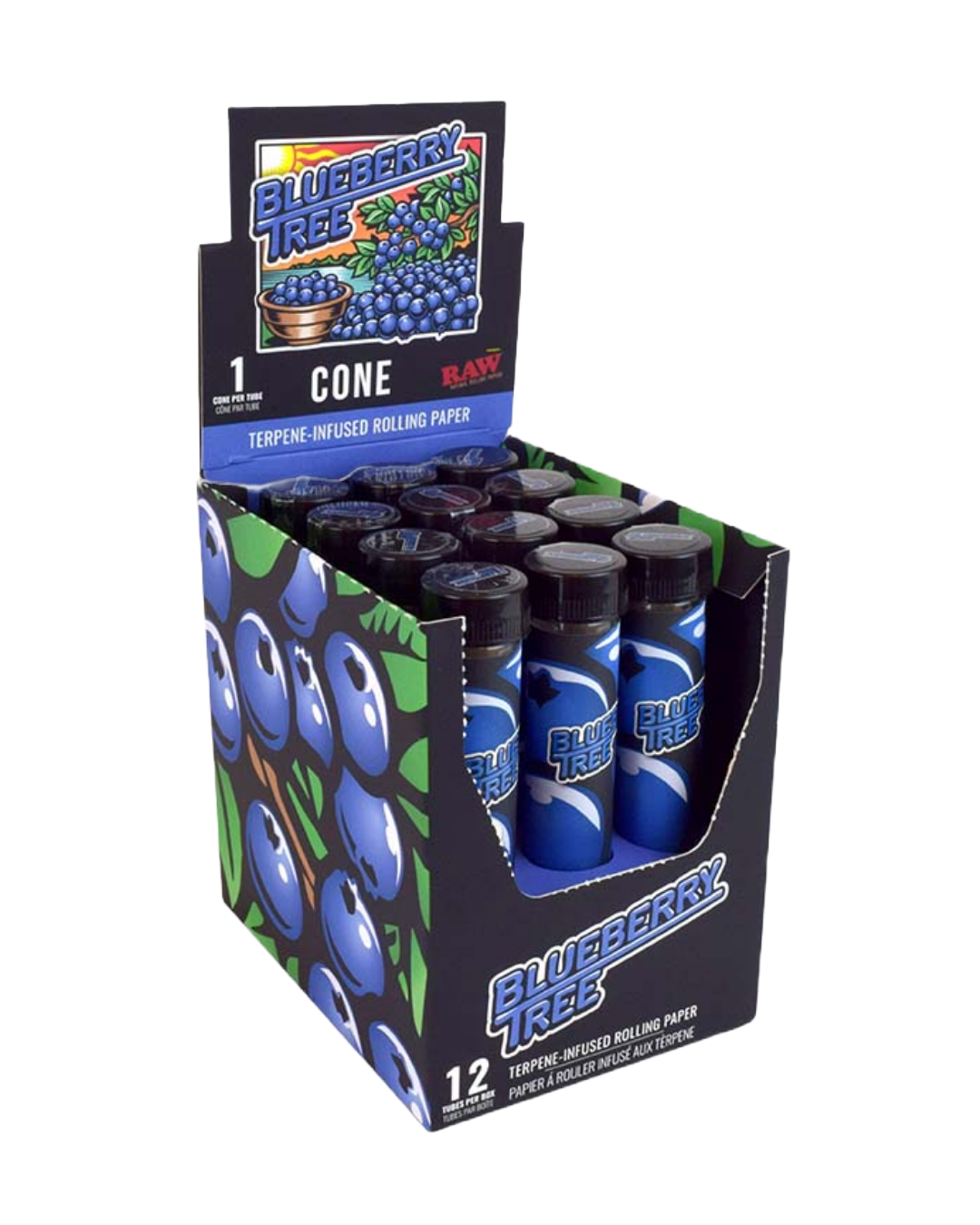 RAW Blueberry Tree Terpene-Infused Cones – Unbleached pre-rolls infused with natural blueberry terpenes for a smooth and flavorful smoking experience.