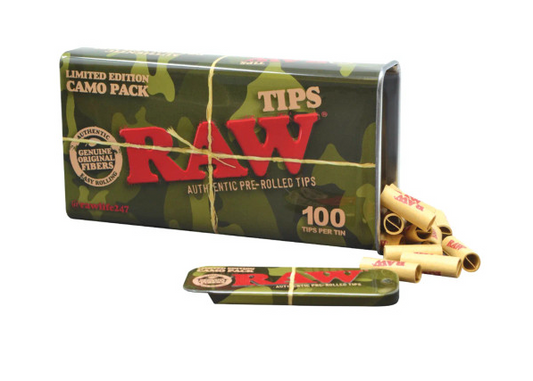 RAW Camo Pre-Rolled Tips, 100ct tin, designed for a smoother rolling experience and convenient on-the-go use.