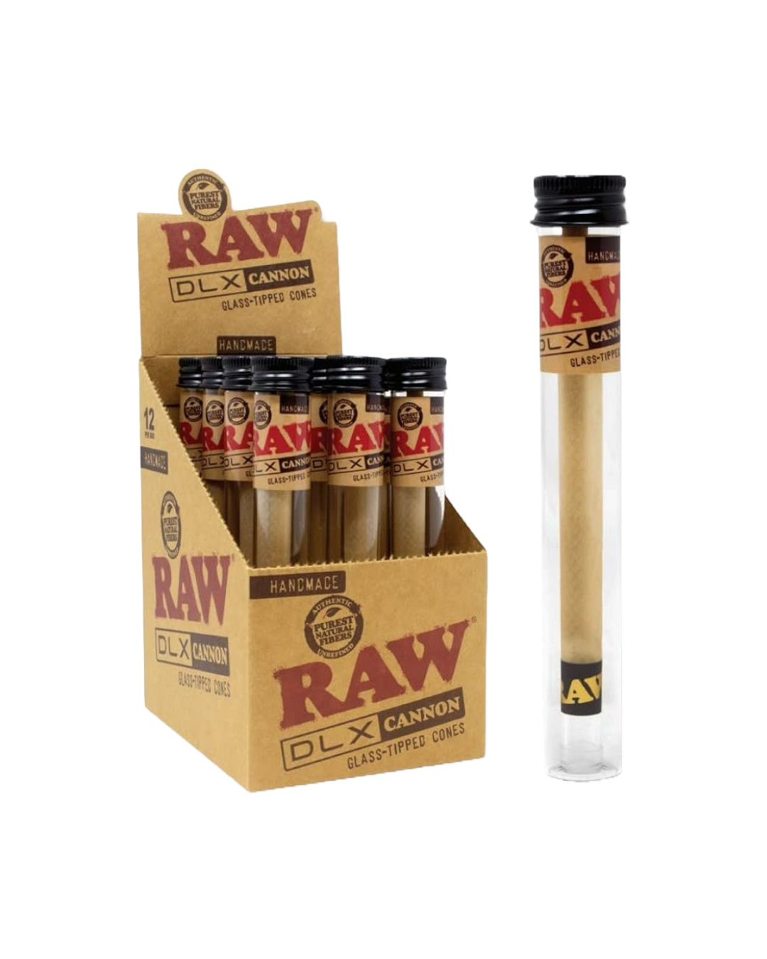 RAW DLX Cannons, high-quality, hand-crafted glass-tipped cones made with genuine RAW rolling paper, artisan rolled and supervised by The Grasshoppa, featuring a premium heat-resistant glass tip for an even more enjoyable smoking experience.