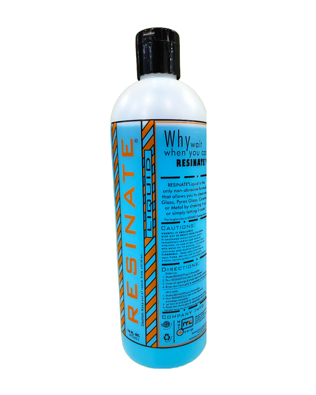 Resinate Blue Bottle 16oz – All-purpose glass cleaner for bongs, rigs, and pipes, efficiently dissolving residues for clear and fresh glass.