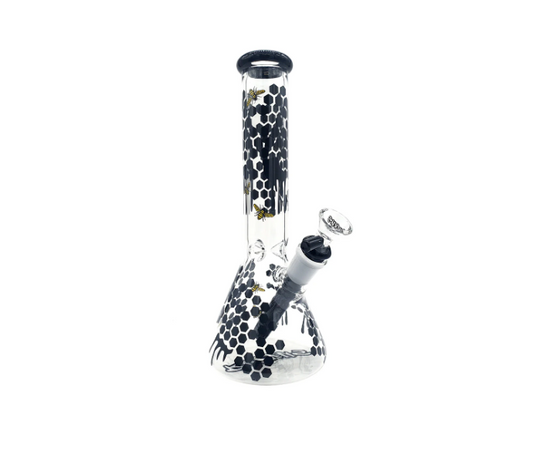 Ruckus Glass 10" Bee-Beaker, made from durable borosilicate glass for optimal vapor filtration and unique design.