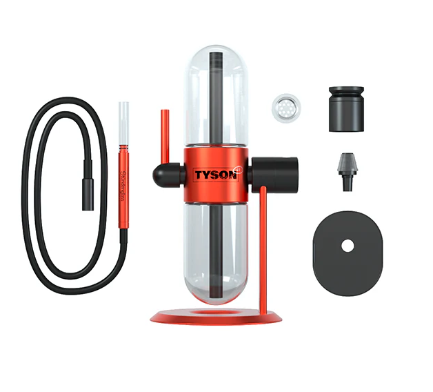 Full setup of the Tyson 2.0 x Stündenglass Gravity Infuser in red and black, including the infusion chamber kit, glass liner, and silicone hose.