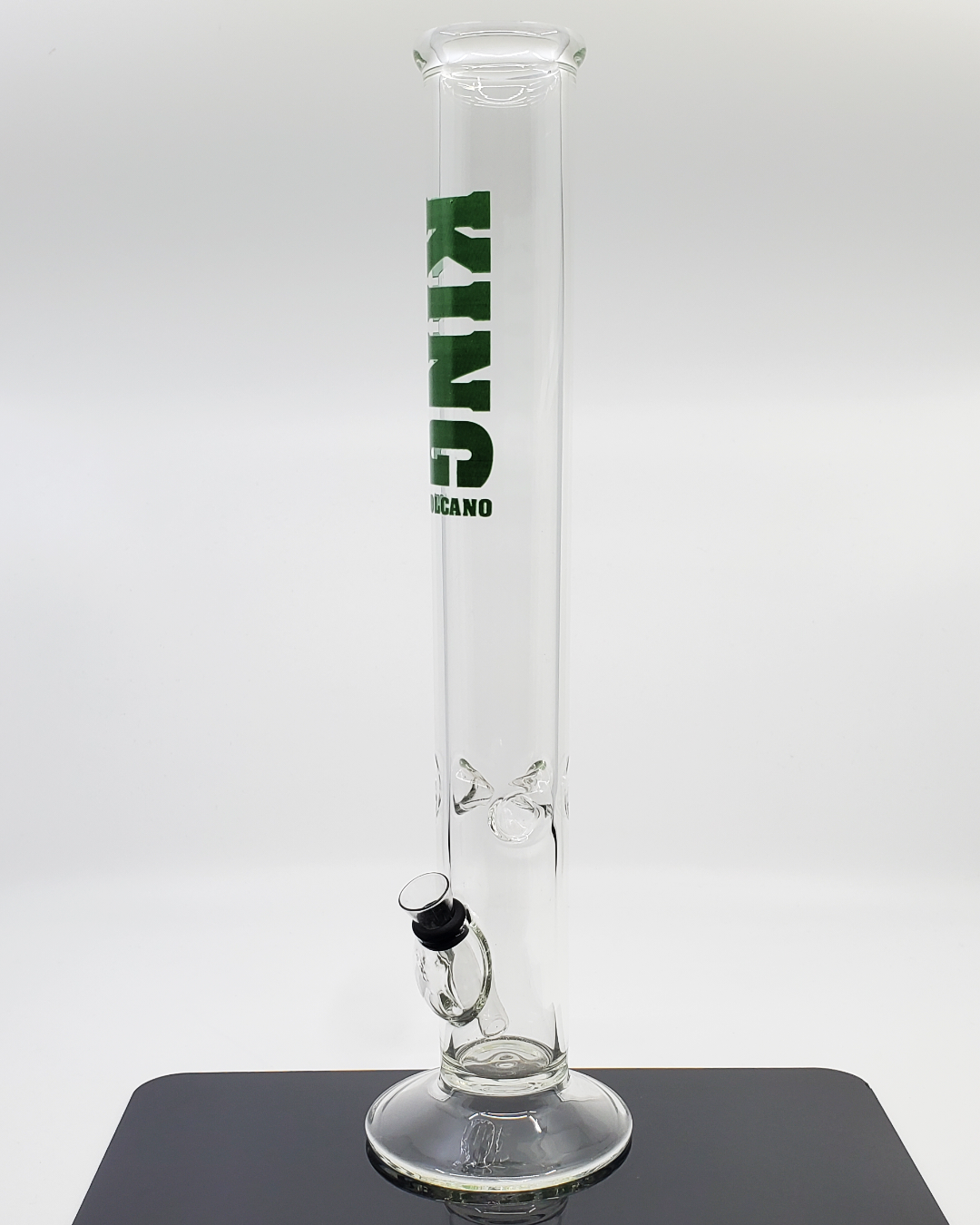 Side view of the Urban Glass Green Logo Straight Tube, showcasing its 15.25" height, built-in ice catcher, and sleek design for a cool, enjoyable smoking experience.
