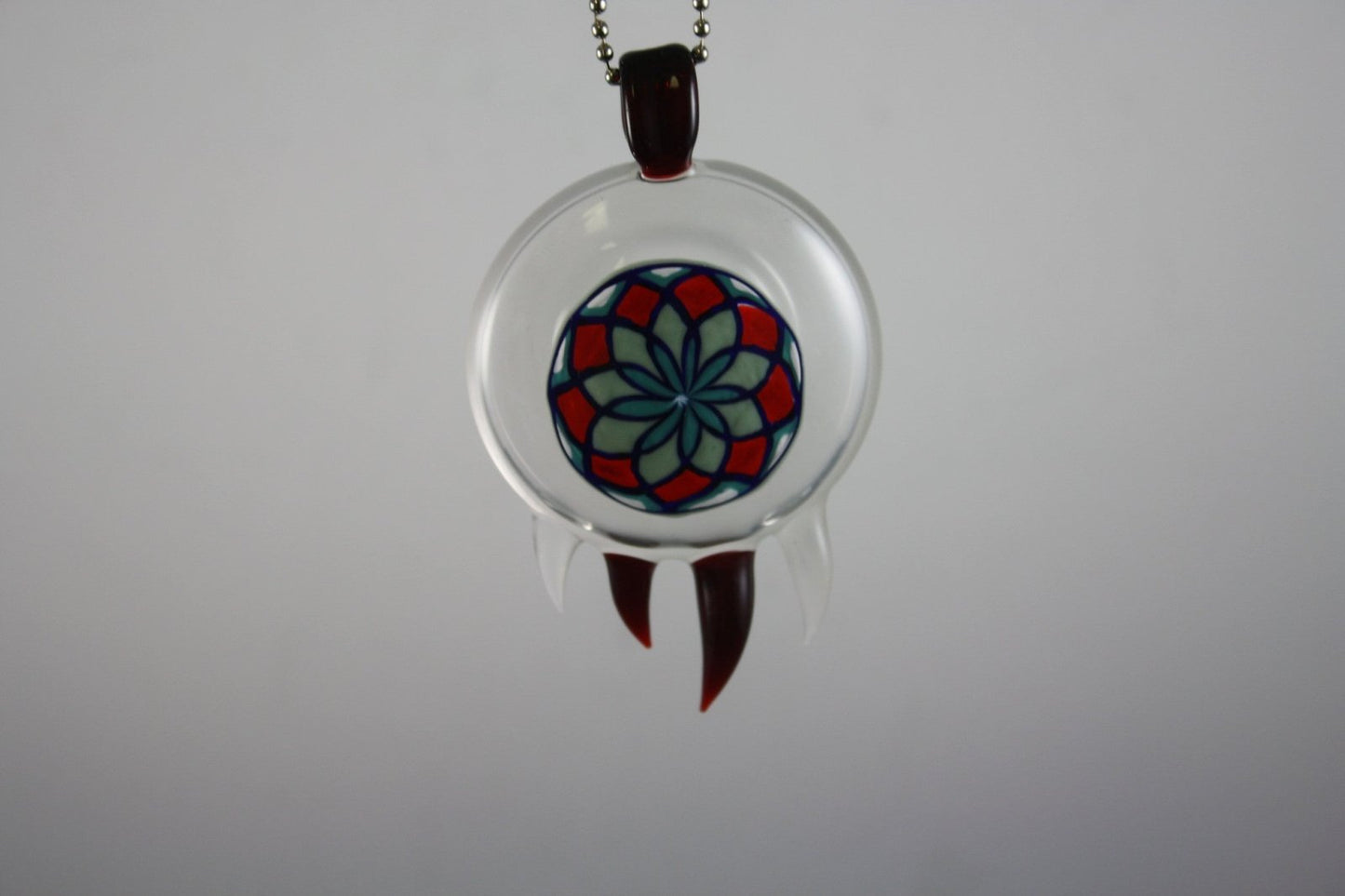 Bearclaw Filla Pendant #8 - Vibrant Glass Art. This colorful and unique pendant is a standout piece of glass art, perfect for collectors.