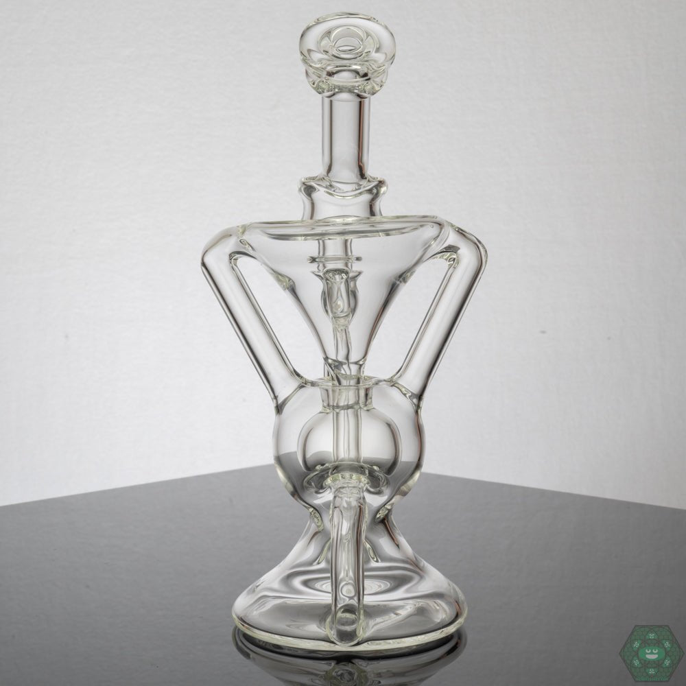Cramboro Glass Emerald Recycler – 8-inch glass rig with hollow foot, 3-hole perc, and single uptake, designed for high-quality dabbing sessions.