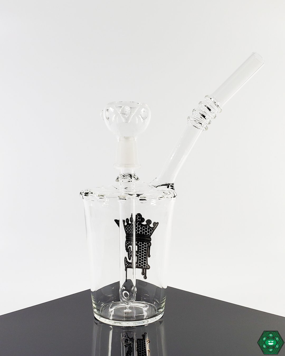 E Glass Cup water pipe made from durable clear glass, featuring a compact 8.25-inch design with a glass slider for convenience.