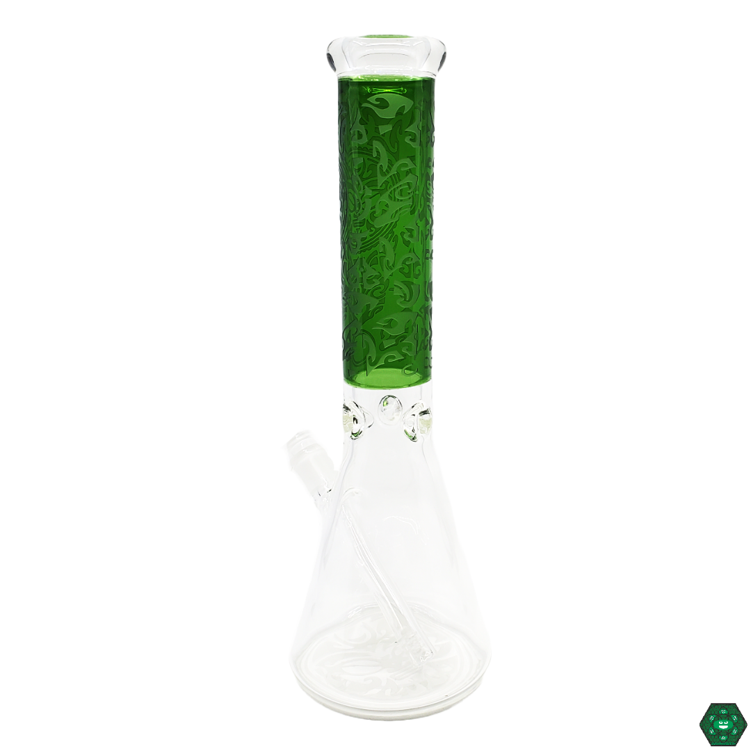 Close-up of the Encore Glass 14” Tribal Etched Beaker, highlighting the detailed tribal etchings and the high-quality construction for smooth, filtered hits.