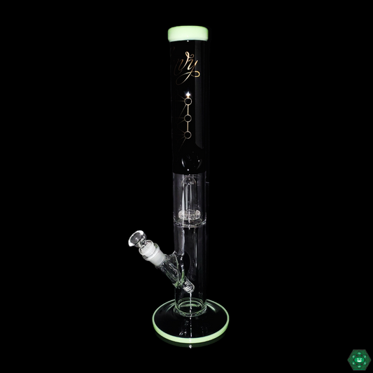 Close-up of Envy Glass 17" UFO Perc Straight Tube Bong, highlighting the intricate 24+ hole UFO perc and high-quality glass design for enhanced smoking sessions.
