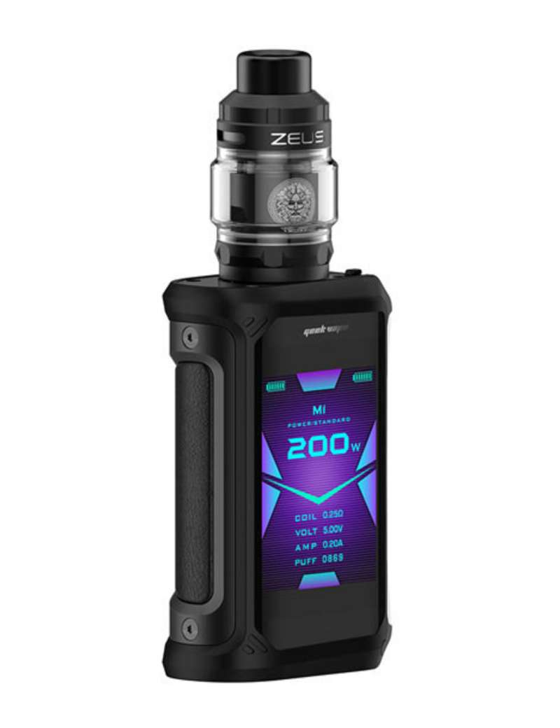 Geek Vape Aegis X Zeus Kit, a 200W waterproof vape kit featuring a dual-battery mod, the advanced Zeus tank, a waterproof, shockproof, and dustproof design for durability, a large display screen for easy adjustments and monitoring, high power and flexibility for a customizable experience, and perfect for experienced vapers seeking quality and durability.
