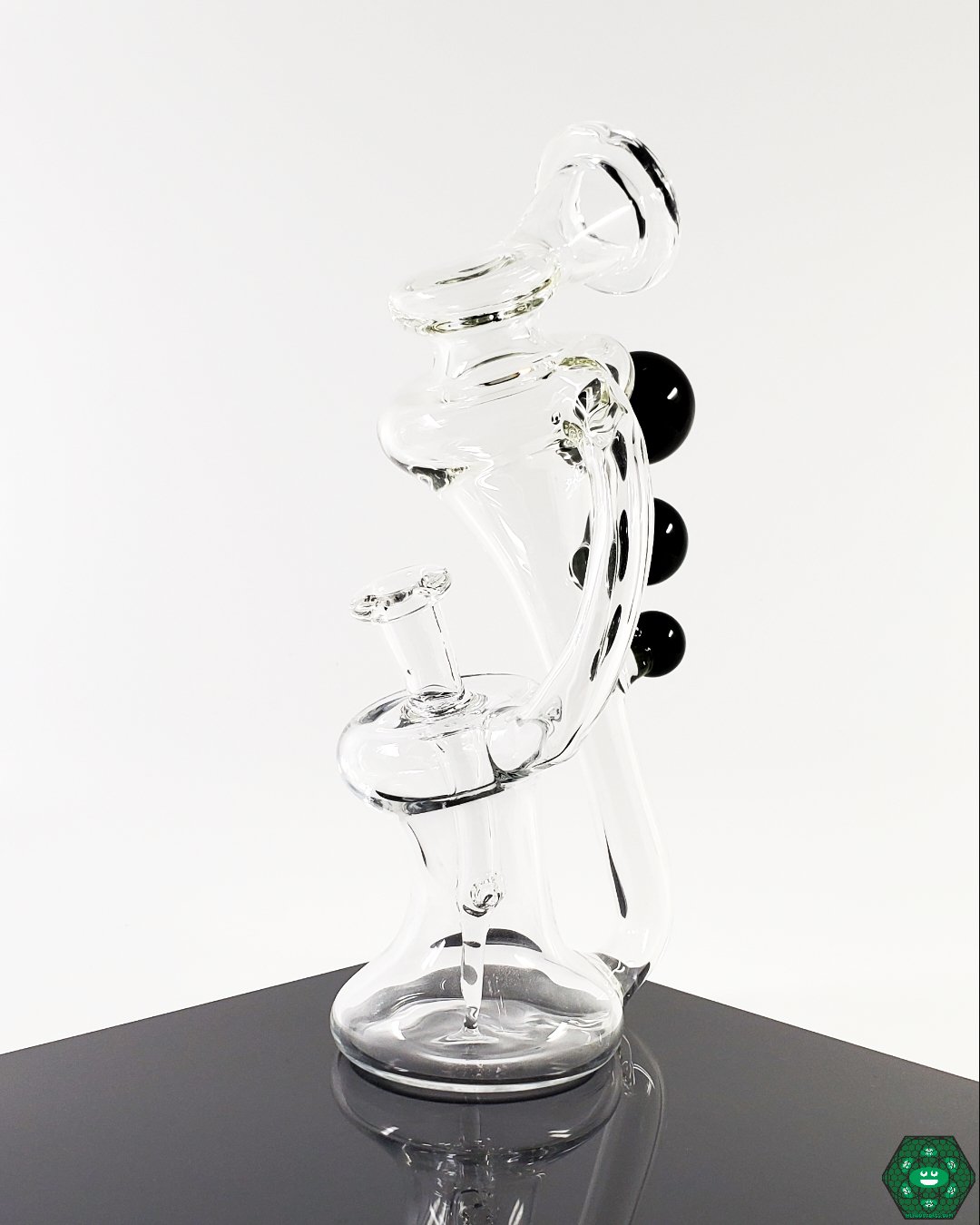 Leroy Glass Recycler – Purple Marble Edition, featuring a 2-hole perc and elegant design, available now at Headdy Glass with fast USA shipping.